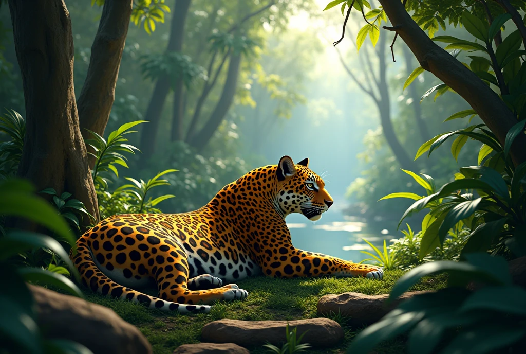 Create a captivating, hyper-realistic, AI-generated artwork of a jaguar in its natural habitat in the Amazon rainforest. The jaguar should be depicted resting or moving stealthily among the dense foliage, showcasing its distinctive rosette-patterned coat. Capture the detailed texture of the jaguar's fur and the powerful, muscular form of the animal.

The scene should reflect the lush and vibrant Amazon rainforest, with thick vegetation, towering trees, and a variety of undergrowth. Include elements such as the dappled sunlight filtering through the canopy, the rich, dark greens of the foliage, and perhaps a glimpse of a winding river or a waterhole.

Use natural, vibrant colors to depict the jaguar and its environment, highlighting the contrast between the jaguar’s coat and the dense greenery of the rainforest. The lighting should be soft and natural, emphasizing the play of light and shadow among the leaves and enhancing the jaguar's features.

The style should be hyper-realistic yet artistic, focusing on the jaguar's majesty and the richness of the Amazon rainforest. The final artwork should be high-resolution and visually striking, capturing the grace and power of the jaguar in its wild, natural setting.

