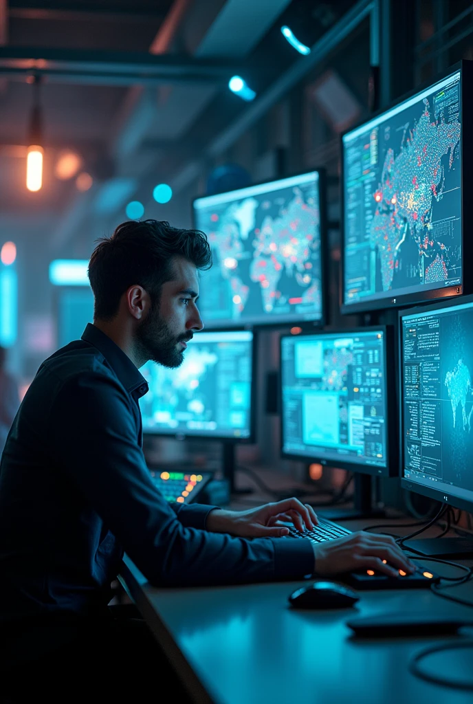 A guy operating on computers surrounded by ,accessories and something to symbolize internet
