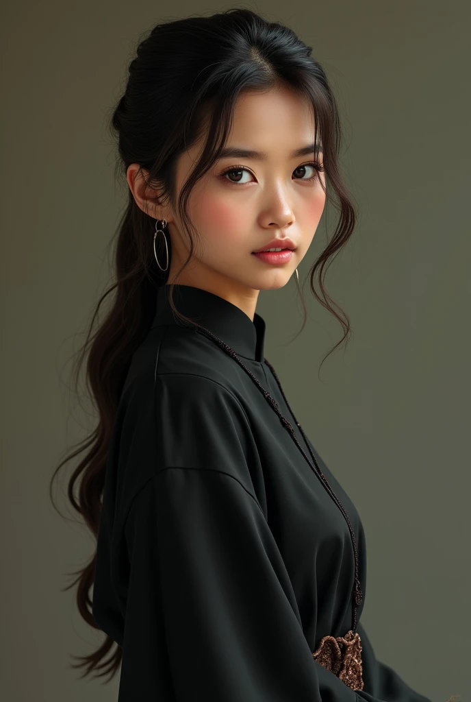 An Indonesian girl used to wear a black kebaya with a natural face