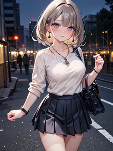 ((masterpiece, Highest quality, High resolution,4K)), One Girl, single, alone, Beautiful Anime Girls, Anime characters, 24-years-old, I could see the whole body,((Wavy long hair、Shiny light beige hair,Curly Hair:0.6)), ((Detailed face, blush:1.2)), ((Detailed eyes, Beautiful eyelashes、Anime Eyes Style, Beautiful Eyes, Grey Eyes:1.8, Glitter effect)), ((Smooth texture:0.75, Realistic texture:0.65, Realistic:1.1, Anime CG style)), Dynamic Angle, Big Breasts, valley、Perfect body, ((Run,walk、 cute, Hand in hand)), ((Casual clothing, White sweater, Short pleated skirt, good、I can see your attractive thighs)), Outdoor Background, Absurd background, ((night, night lights)), Urban construction, ((Minimalist Necklace, Earrings、Beige mini bag))、I can see your pants、足を出してwalk、Trembling in the chest、look at my watch