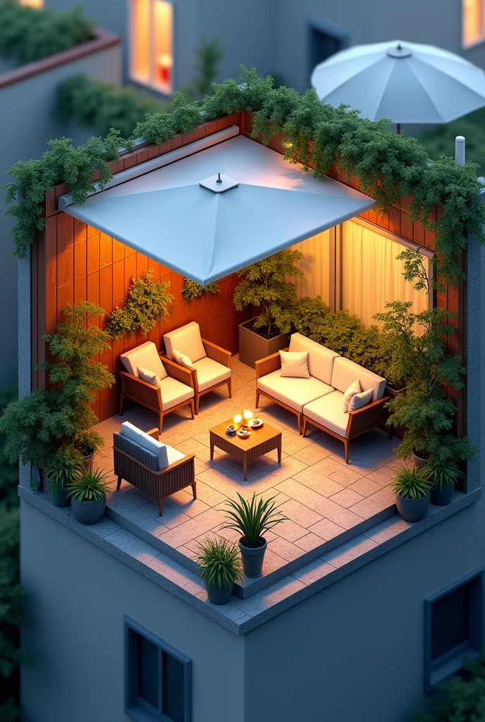 Create an isometric view of an architectural plan, of a roof top. little (20-30 m²):
furniture: A couple of chairs, a small table, a compact sofa.
vegetation: Plants in small pots, vertical planters.
Options: Ideal for an intimate and cozy space.
lightning: luces LED, light garlands, solar lamps.
Shadows: Pergolas, retractable awnings, large umbrellas.
Accessories: Outdoor stoves, portable fireplaces, music speakers.

