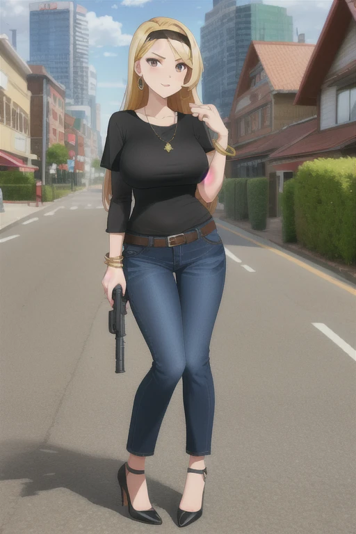 Highest quality、Ultra HD、One Woman、(blonde long hair 1.3)、(1 open-necked black shirt.3)、(Jeans 1.3)、(Red headband)、(Black Heels 1.1)、((Shoot a gun 1.2))、(Silver necklace)、(Beautiful face with sharp eyes 1.2)、(tall)、Red bracelet on left wrist、(Cleavage 1.1)、40-year-old woman、Slender body、(Daytime city background 1.2)、((Clear and beautiful touch))