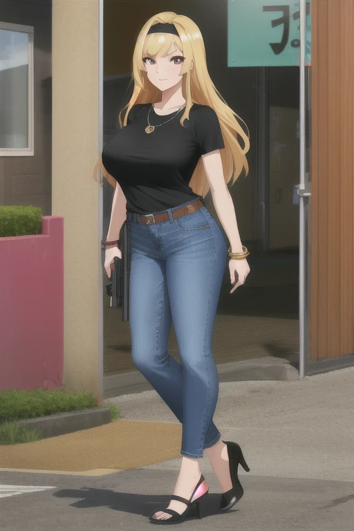 Highest quality、Ultra HD、One Woman、(blonde long hair 1.3)、(1 open-necked black shirt.3)、(Jeans 1.3)、(Black headband)、(Black Heels 1.1)、((Shoot a gun 1.2))、(Silver necklace)、(Large Breasts)、(Beautiful face with sharp eyes 1.2)、(tall)、Red bracelet on left wrist、40-year-old woman、Slender body、(Daytime city background 1.2)、((Clear and beautiful touch))