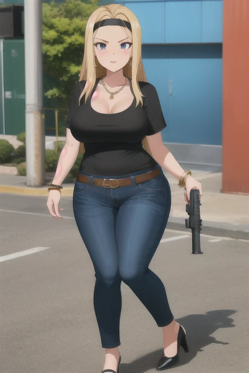 Highest quality、Ultra HD、One Woman、(blonde long hair 1.3)、(1 open-necked black shirt.3)、(Jeans 1.3)、(Black headband)、(Black Heels 1.1)、((Shoot a gun 1.2))、(Silver necklace)、(Large Breasts)、(Beautiful face with sharp eyes 1.2)、(tall)、Red bracelet on left wrist、40-year-old woman、Slender body、(Daytime city background 1.2)、((Clear and beautiful touch))