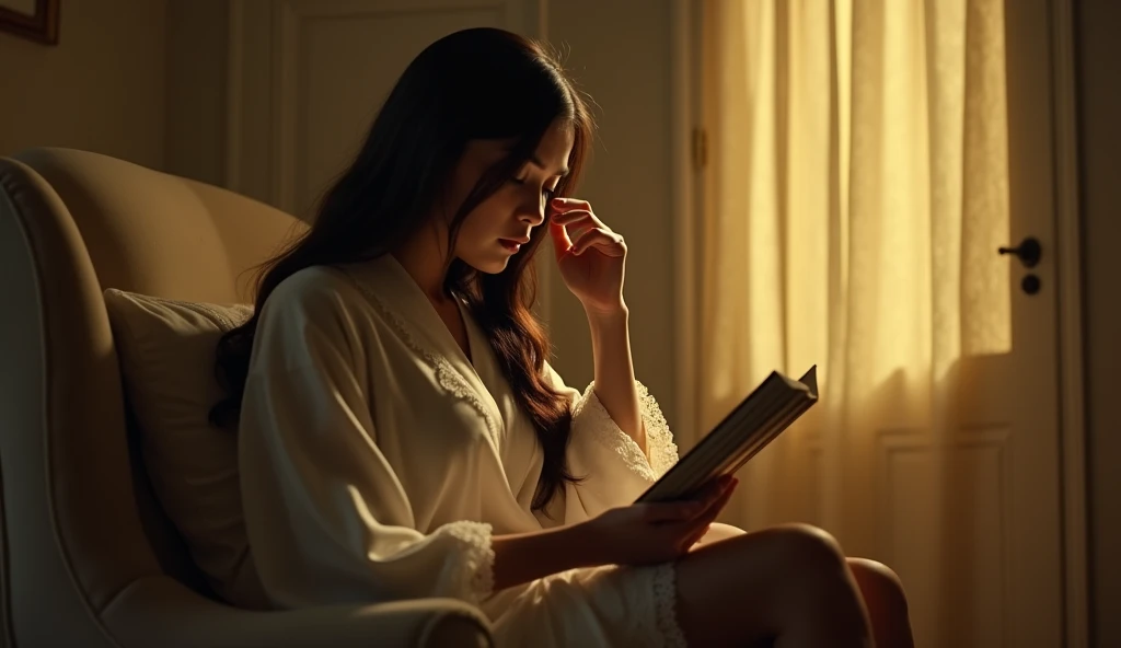Cinematic, A young woman with long dark hair, wearing a white robe with lace trim, sitting on a chair. She is holding a children story book while rubbing her left eye. The scene is set in a dimly yellow lit child bedroom with a closed white door in the background, creating a strong contrast of light and shadow. 
