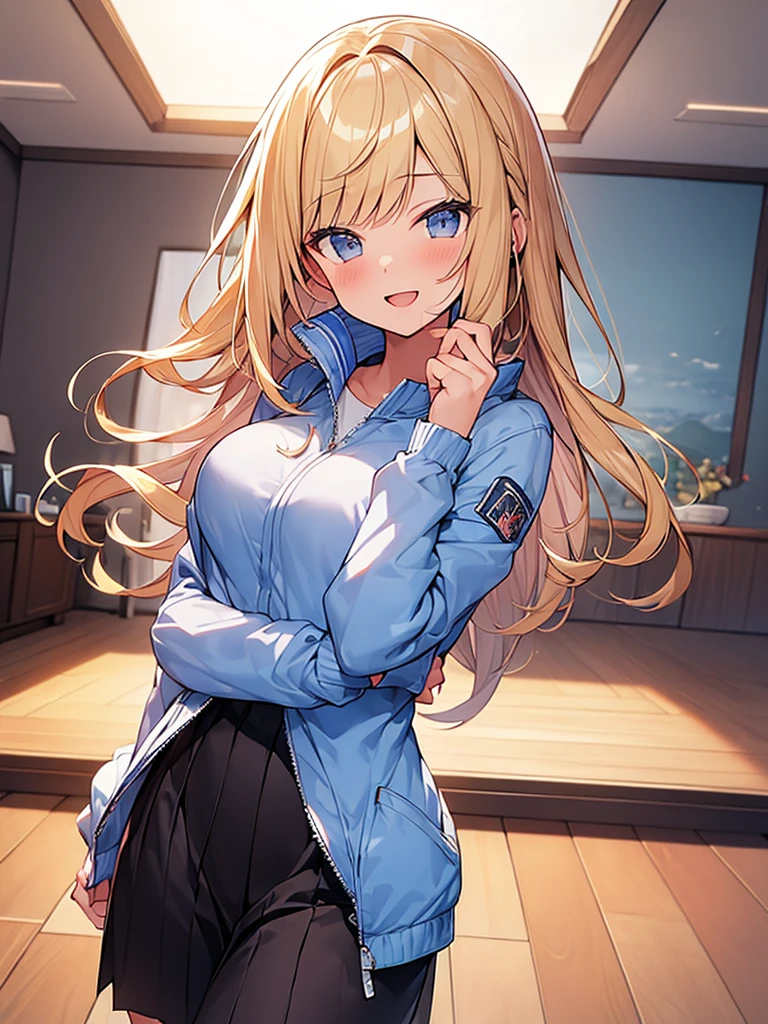 (Masterpiece, Top quality:1.5), full body, (1 beautiful girl, solo:1.2), (short height:1.2), (windbreaker:1.3), Blonde hair:1.1, medium Hair, wavy Hair, asymmetry bangs, swept bangs, airy hair, large breasts:1.2, smile:1.3, blush, beautiful scene of living room, magnificent panorama view, blurry background, open mouth, dynamic pose, dynamic angle