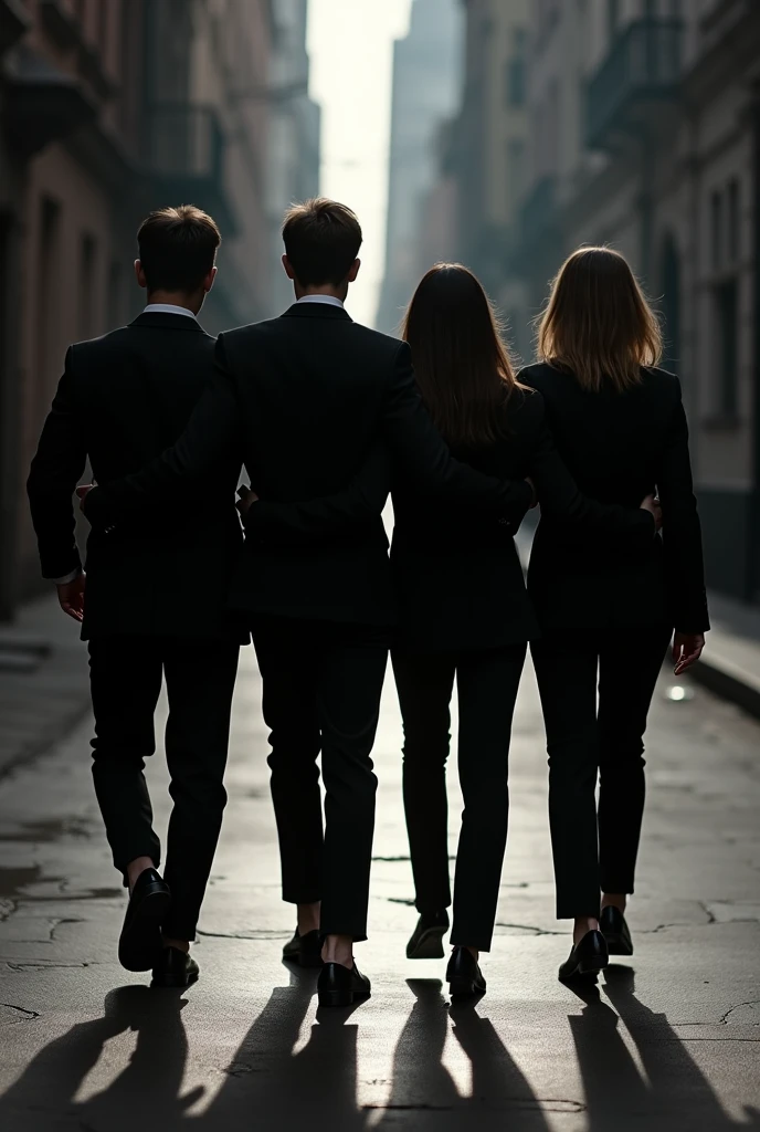 I want a picture of 4 siblings together and have veey aesthtic mafia black outfit doesnt show much skin. but they are happy and suportive of each other the pictire must show them with an attitude but should show that they have strong bond and will stick together. Their faces should not be visible as in poctire should be from backside of them all 4 walking together like a mafia team