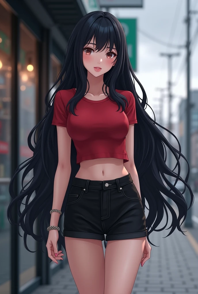 beautiful adult anime woman, fit, very long wavy jet black hair, red cropped t-shirt, black low rise denim skirt, stiletto heels, waiting outside store, cloudy day