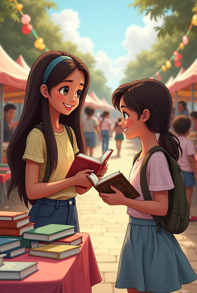 A girl donating books to a poor girl background boook fair