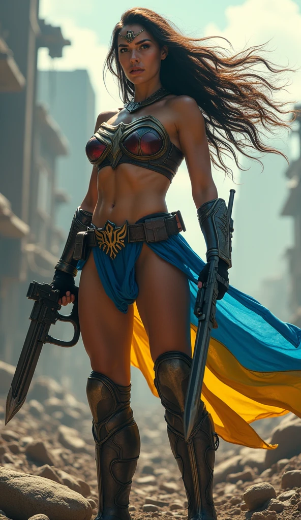 Heavily armed with rifles Nudist Gal Gadot showing her bare puffy muscled udders and her bare hairless clear-shaven genitals in front of a collapsed bombed-out Ukrainian city. extrem long flying hair, spinning around, blue and yellow aura around her, dynamic angle, explosion of colors, uhd, colorful shot, stormy weather, Dynamic action pose, detailed face, light on face, perfect face, Highly Detailed, 8K, High quality, Realistic face, view real textured skin, intricately detailed skin, perfect lips, detailed fingers, perfect eyes, Perfect Hands, viewreal, full body view, blue and yellow Ukrainian flags in background