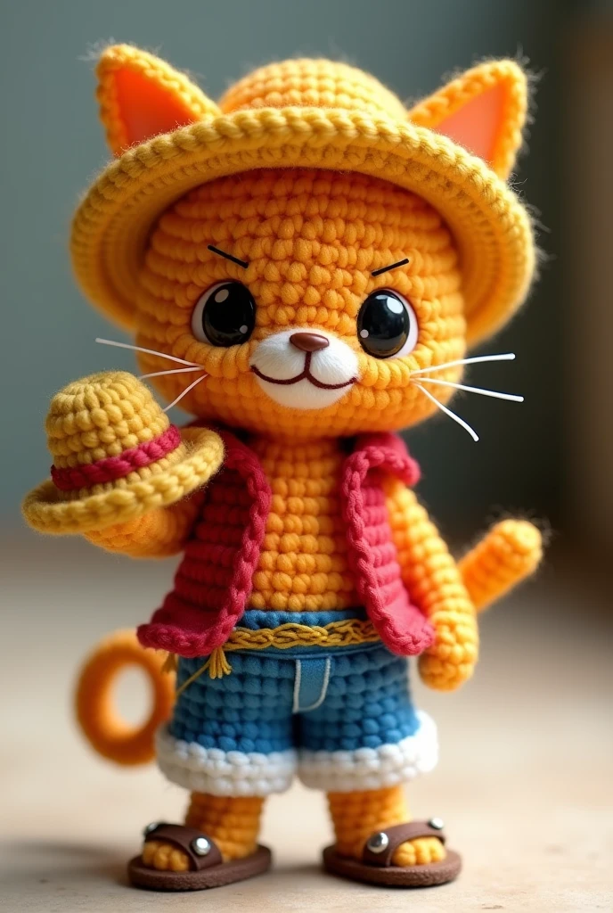 amigurumi , chibi-style, a humanoid orange cat, with vibrant orange fur and large, expressive eyes. The cat is dressed in a miniature version of Luffy's iconic outfit: a red open vest, blue shorts, and a tiny yellow straw hat perched between its pointy ears. The cat has a cheerful, adventurous expression with a stitched-on grin. It’s holding a small amigurumi version of Luffy’s straw hat in one paw, and its tail curls playfully behind it. The cat’s feet are adorned with tiny brown sandals, completing its pirate-inspired look.