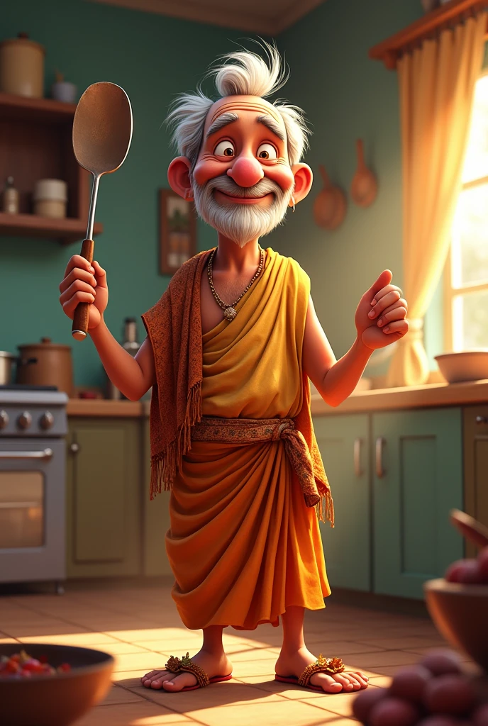 Animated grandpa in kitchen with spatula in Veshti Sattai 
