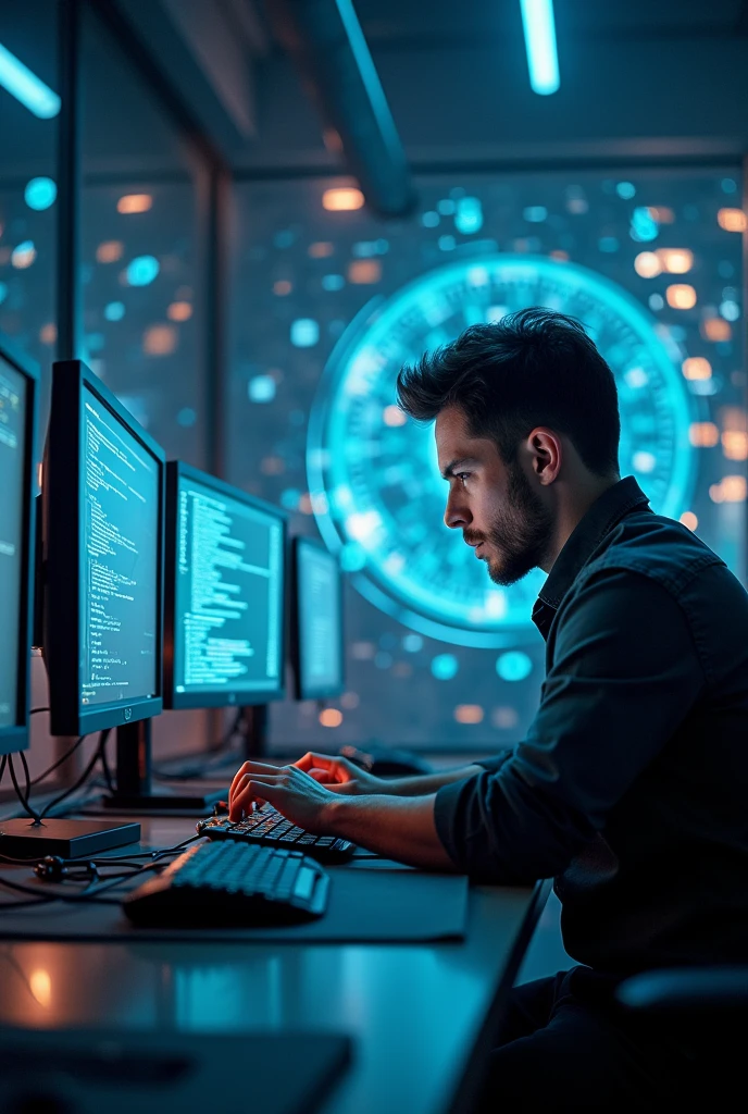 A guy operating on computers surrounded by ,accessories and something to symbolize internet