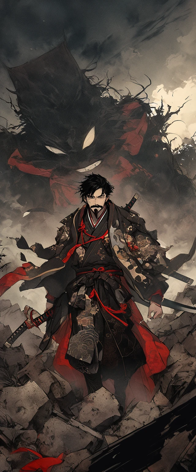 Scarlet Silk Ronin Costume。A world of thick fog,Silver Grass。Earrings。Face close-up。Dark Eyes。clothes are blowing in the wind。Grin。He has a sword on his waist。Stylish pose。moustache。beard。disheveled long black hair。 Standing on the rubble、A thin young ronin。alone。Spooky atmosphere。Japan。Red Sky。Chiaroscuro,