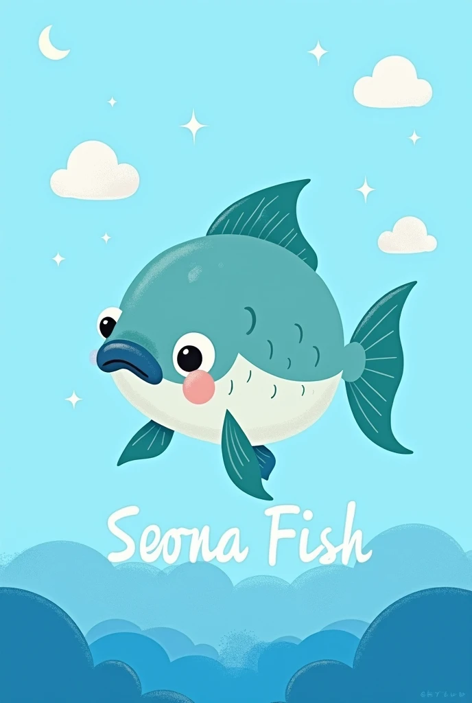 I need an image for children that has a blue landscape in the background (Heaven) and nice and simple white, In the middle it should have a fish but it should be animated or basic as such and below the name of the animal, Everything that is for children, This model you made is fine, but the fish should be bigger so that it occupies half of the screen and the name below it.