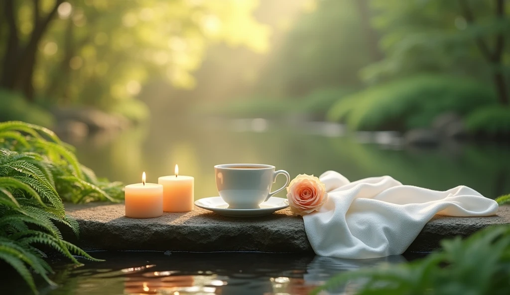 Minimalist style.A minimalist Japanese style scene，There is a gurgling stream.Stone platform covered with ferns .cup of hot coffee.Light two scented candles，Rose、White silk scarf、SPA energy crystals of various colors、Create a fresh、Bright、Relaxing and comfortable atmosphere，Evoking a sense of tranquility and simplicity。Perfectly composed bokeh background deep in the tranquil forest、A peaceful aura or meditative state has a warm and pure atmosphere