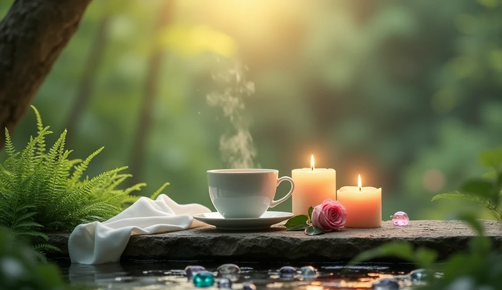 Minimalist style.A minimalist Japanese style scene，There is a gurgling stream.Stone platform covered with ferns .cup of hot coffee.Light two scented candles，Rose、White silk scarf、SPA energy crystals of various colors、Create a fresh、Bright、Relaxing and comfortable atmosphere，Evoking a sense of tranquility and simplicity。Perfectly composed bokeh background deep in the tranquil forest、A peaceful aura or meditative state has a warm and pure atmosphere