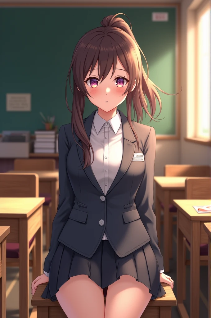Make a  girl with tsundere face. Using an uniform. Sit in classroom. Long hair with ponies
