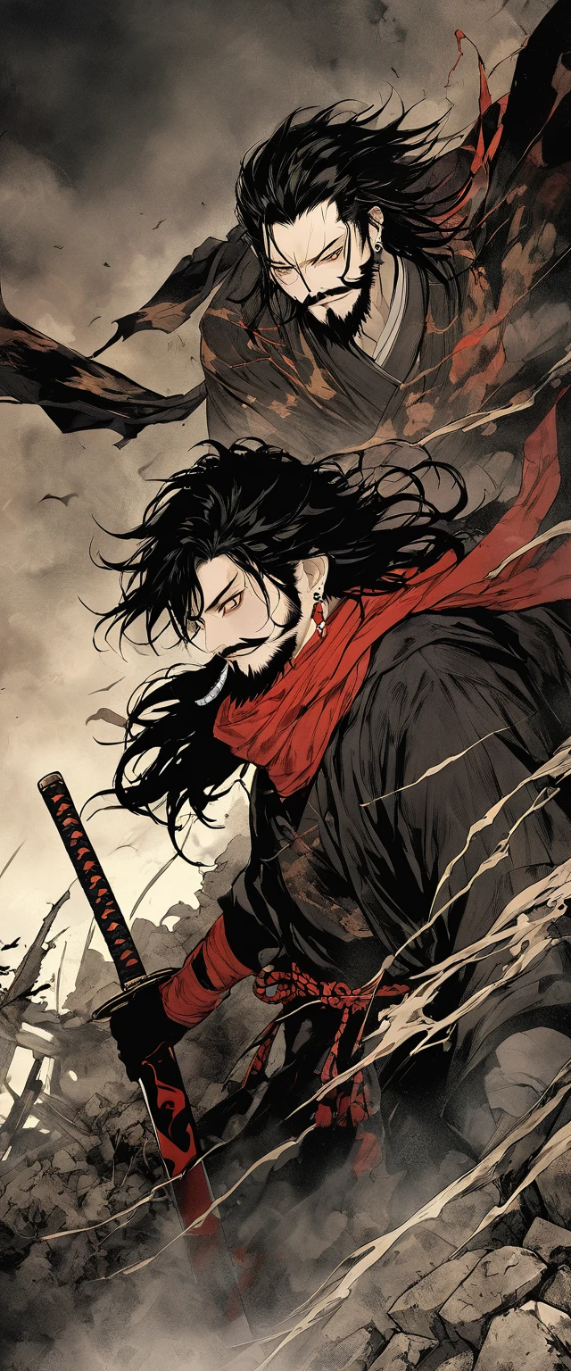 Scarlet Silk Ronin Costume。A world of thick fog,Silver Grass。Earrings。Face close-up。Dark Eyes。clothes are blowing in the wind。Grin。He has a sword on his waist。Stylish pose。moustache。beard。disheveled long black hair。 Standing on the rubble、A thin young ronin。alone。Spooky atmosphere。Japan。Red Sky。Chiaroscuro,