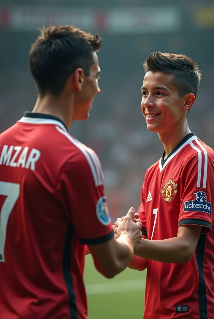 A smart boy shaking his hand with Cristiano Ronaldo and behind of that smart boy’s jersey named as AMZAR and number 7