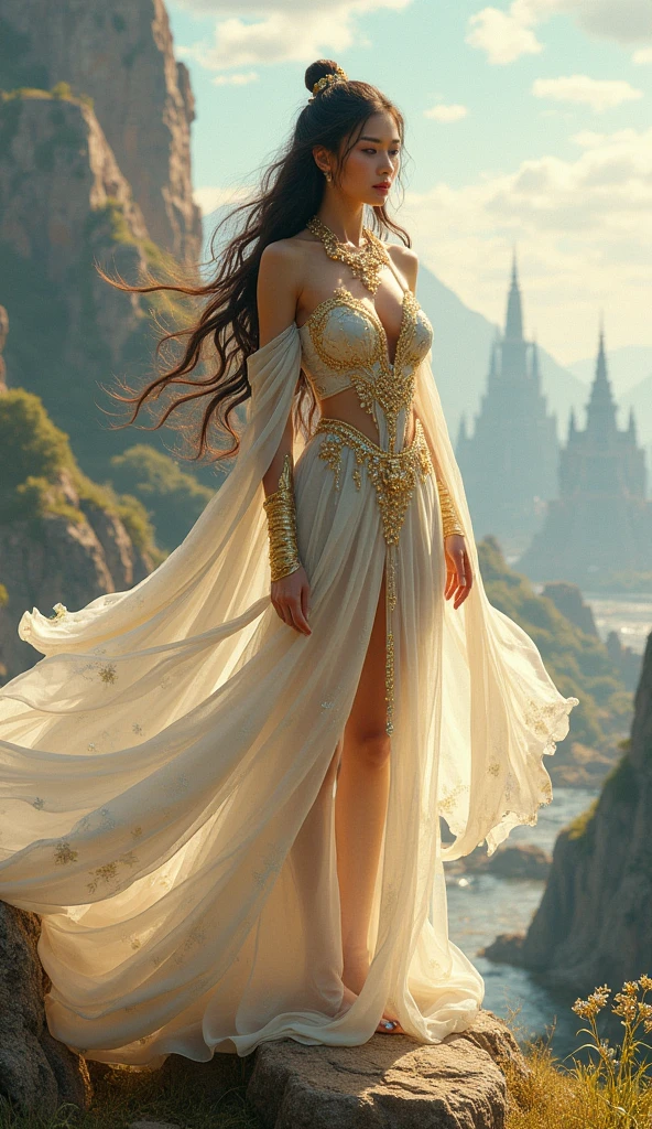 A stunningly beautiful warrior woman (Thai, 1) with long flowing hair in a semi-transparent silk and shiny chiffon dress in bright white and gold, embellished with crystals and necklaces, emphasizing the graceful beauty of the young woman. She stands gracefully on a cliff, amidst a view of an ancient city in a bright fantasy style. Full screen background.