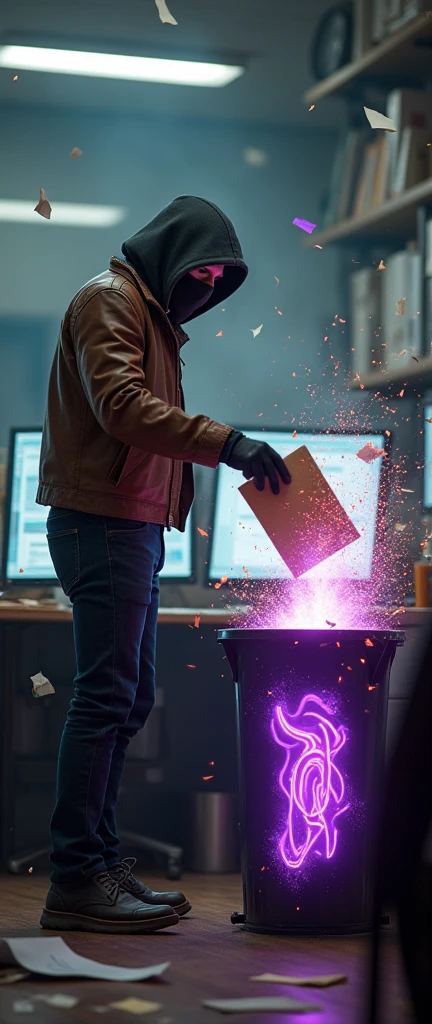 a masked man is in his office with several monitors, he is throwing a brown envelope into a small interdimensional portal in his trash can, He wears a brown leather jacket, and hood, the place is messy and improvised, the portal has purple edges, Spark, lensflare, motion-blur, sparks, work of art, uhd, ultra detailed, flying papers, fluidity of movements, high detaild, perfect proportions