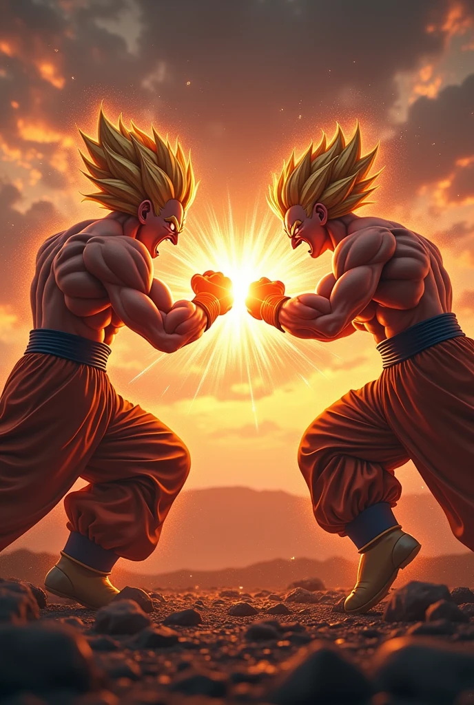 Two muscular super Saiyan punch each others fist. One fist punches other ones fist in a powerful tragic doomed environment with fire effect and sunset. Both of them forcefully punch each other