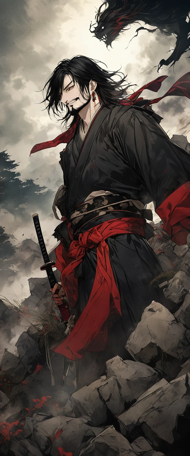 Scarlet Silk Ronin Costume。A world of thick fog,Silver Grass。Earrings。Face close-up。Dark Eyes。clothes are blowing in the wind。Grin。He has a sword on his waist。Stylish pose。moustache。beard。disheveled long black hair。 Standing on the rubble、A thin young ronin。alone。Spooky atmosphere。Japan。Red Sky。Chiaroscuro,