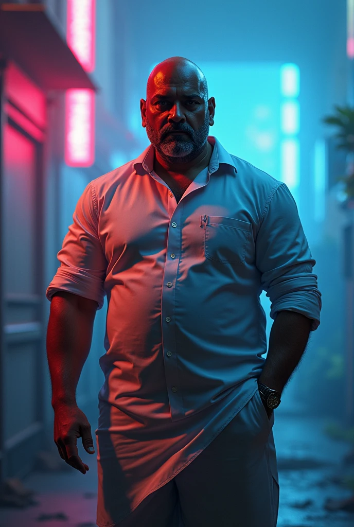  Amit shah flexing muscles in cyberpunk background with blue and pink lights with Indian flag fog sunset 