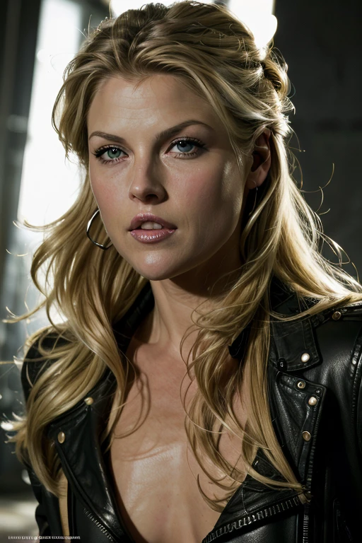 Close up head shot portrait,(best quality,4k,Alto:1.2),ultra-detalhado,Realistic, photo, professional, studio lighting, vivid colors, sharp focus, Physically-based rendering,HDR, extremely detailed eyes and face, beautiful detailed lips, long eyelashes,big massive breasts,( unzipped black leather jacket :1.3),pokie nipples, Actriz Ali Larter, woman 30 years old,long blonde hair, Looking at the Viewer
