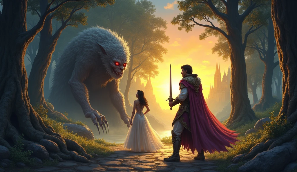 "A captivating fantasy illustration depicting a brave prince wielding a shining sword, facing off against a old lady with glowing red eyes and sharp claws. Beside him, a beautiful princess in elegant attire stands with a determined expression, symbolizing courage and resilience. The background features a mystical forest with towering trees, a dark cave entrance, and a golden, radiant kingdom on the horizon. The overall composition conveys a dramatic, adventurous tale of bravery, love, and the battle between good and evil."