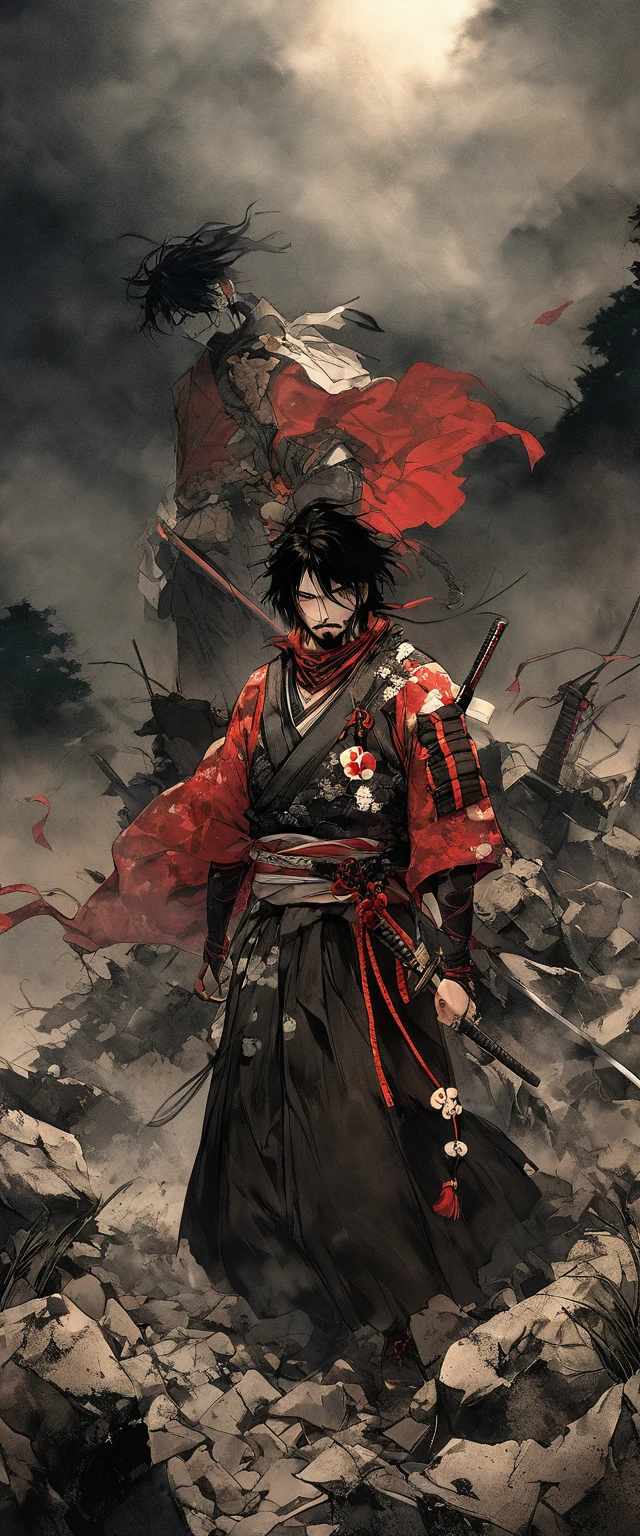 Scarlet Silk Ronin Costume。A world of thick fog,Silver Grass。Earrings。Face close-up。Dark Eyes。clothes are blowing in the wind。Grin。He has a sword on his waist。Stylish pose。moustache。beard。disheveled long black hair。 Standing on the rubble、A thin young ronin。alone。Spooky atmosphere。Japan。Red Sky。Chiaroscuro,