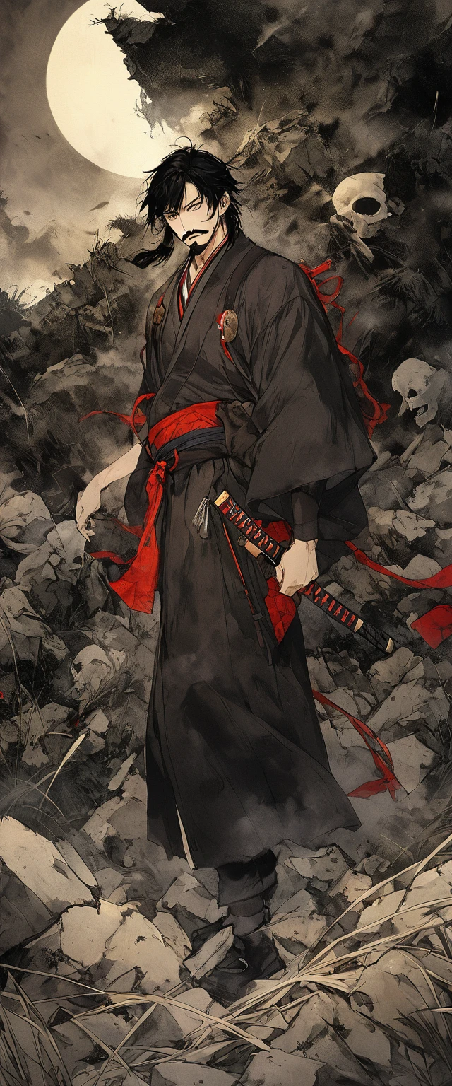 Scarlet Silk Ronin Costume。A world of thick fog,Silver Grass。Earrings。Face close-up。Dark Eyes。clothes are blowing in the wind。Grin。He has a sword on his waist。Stylish pose。moustache。beard。disheveled long black hair。 Standing on the rubble、A thin young ronin。alone。Spooky atmosphere。Japan。Red Sky。Chiaroscuro,