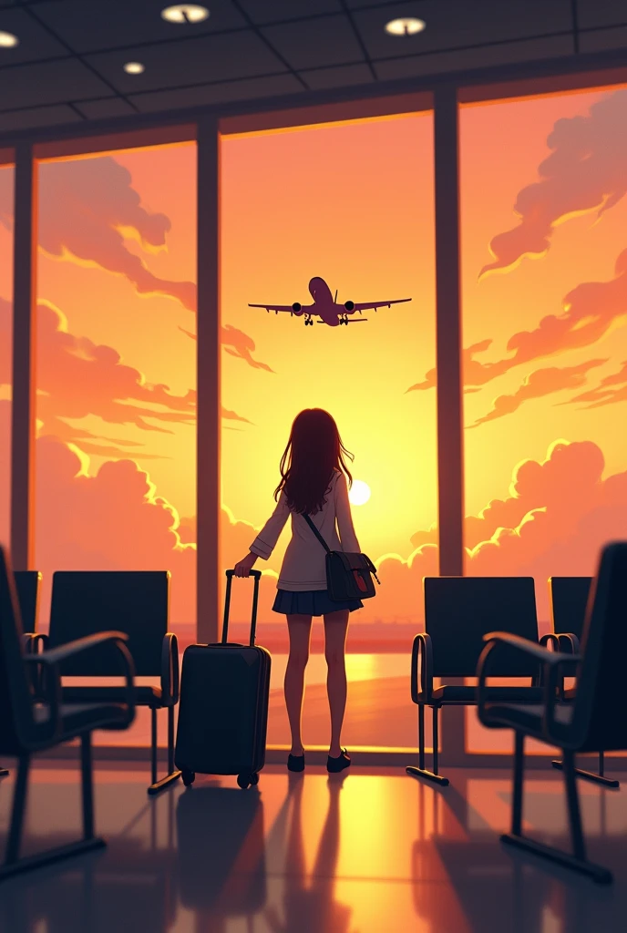Create a captivating book cover featuring a smart girl standing in an airport waiting room. The scene should be depicted from a slightly side angle, capturing the girl with not so long hair and a luggage bag, as she gazes out towards the runway. A plane is soaring through the sky in the distance, set against the warm hues of golden hour. The waiting room should be empty, emphasizing the girl's solitude. The girl's face should remain hidden, adding an element of mystery. The overall composition should be artistic, with a focus on the interplay of light, shadows, and the serene atmosphere of the moment. Ensure the image has a vertical orientation, with height being greater than width.