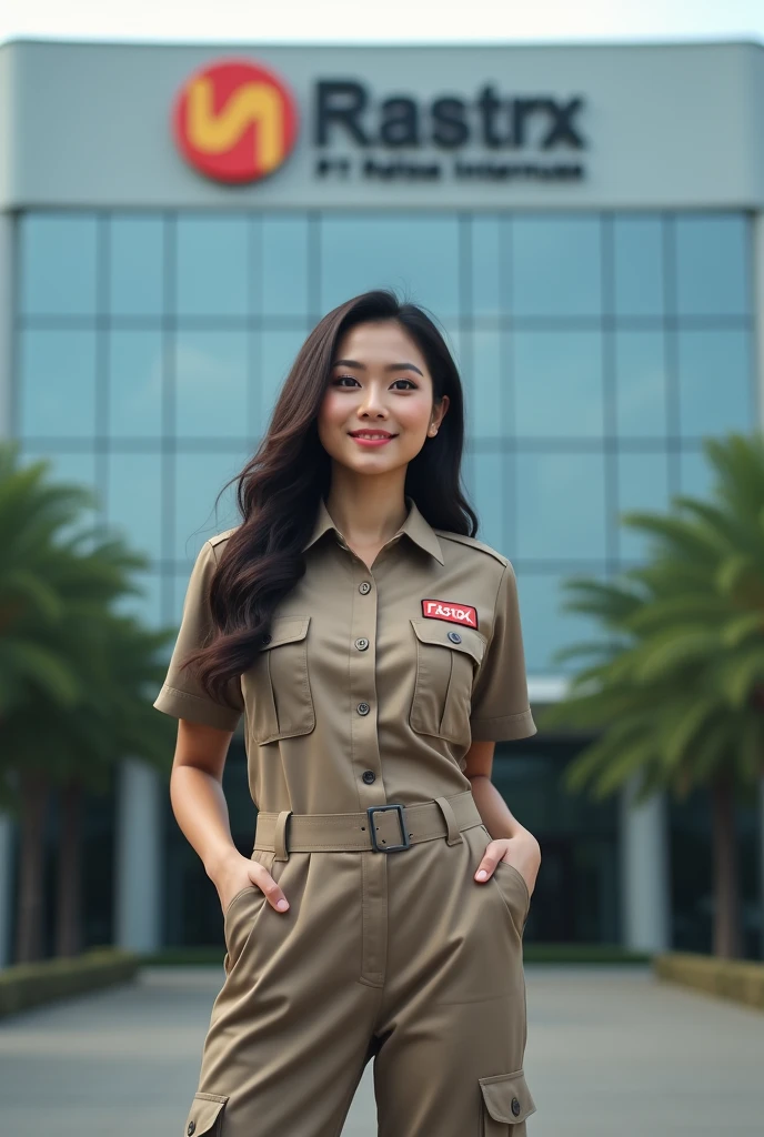 (photorealism:1.2), a beautiful Asian woman wearing a FastRX cargo uniform with the logo, is posing in front of the office PT. RAHMAT TITIPAN INTERNUSA with a large logo, HD quality, Bokeh, wide angle