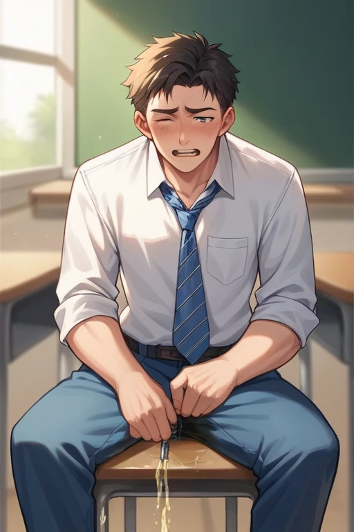 20 years old slender and mascular man in his blue short pants is peeing himself in college classroom. He is sitting on the chair. There's a pee wet spot on his pants. He couldn't hold his pee and pissed his pants. He looks ashamed of peeing himself. Anime