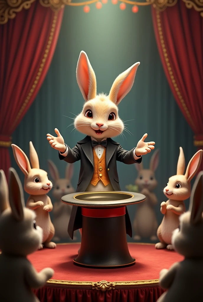 A rabbit standing on the stage and bringing a human from the magic
hat and remaining rabbits are clapping