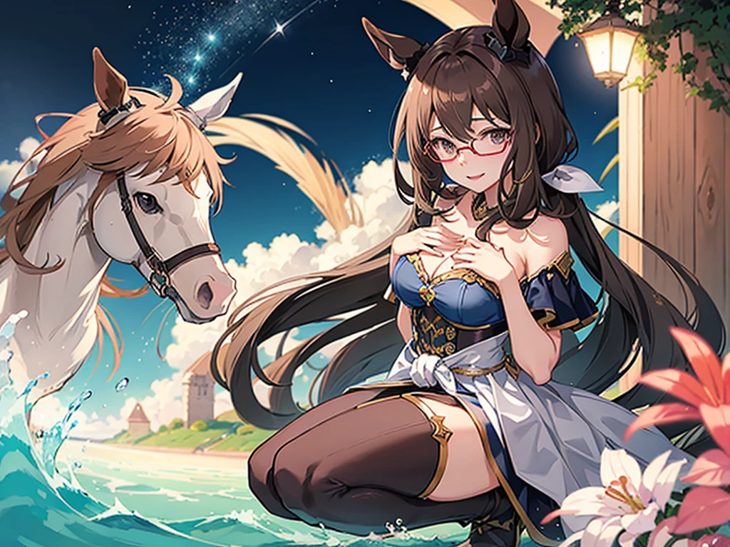 Masterpiece, high quality, 8k, HDR、 enhancement、Chest centered。Cool horse ear glasses beauty、smile、looking at the camera。Brown Eyes、Pink Lipstick、Beautiful breastlasses、Shoulder less、Black plain clothes。Kneeling、Place your hands on your chest and waist。Night starry 、Brick Road。