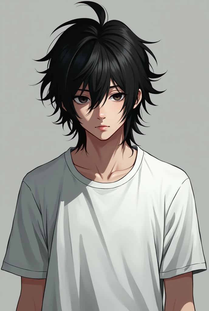 Male teenager with long black hair black eyes in white t-shirt