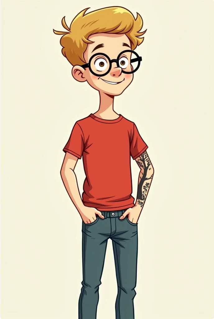 a cartoon style drawing of a man, tall and slim, offwhite, very short hair, blonde in a darker tone, eyes browns, glad, with round glasses. hands in pockets, wearing jeans and a red T-shirt. black tree tattoo on left arm, peeking out just a little from the sleeve