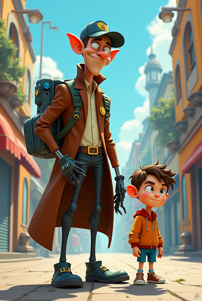 inspector gadget and his son in cartoon style,