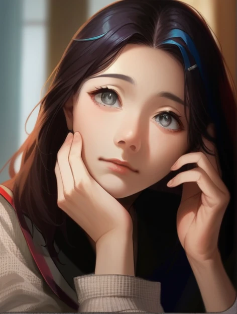 masterpiece, Highest quality, High resolution, Anime Style, Short Bob, Dark purple hair, Blue Highlights, Bangs are straight and not bouncy, Gray Eyes, Blue and white outfit, Red ribbon accent at neck, A large blue trefoil hair ornament on the left side of the head」Nei point,Nei point（Nijisanji）,Sailor suit,Tabasco accessory on chest,Large eyes,Medium chest,cute