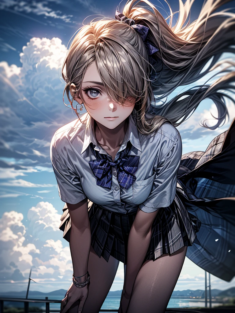 (SFW:1.5) ,Ultra high definition, High detail, Textured skin, retina, High resolution,
(masterpiece:1.2, top-quality), (realistic, photorealistic:1.4), beautiful illustration,
looking at viewer, full body, front view:0.6,
1 girl, japanese, high school girl, (long hair:1.5), blown hair, (side ponytail), hair over one eye, large breasts:0.8,
beautiful hair, beautiful face, beautiful detailed eyes, beautiful clavicle, beautiful body, beautiful chest, beautiful thigh, beautiful legs, beautiful fingers,
(beautiful scenery), school,
((collared short sleeve shirt, white shirt, , grey plaid pleated skirt, blue plaid bow tie)),
(Are standing、slouch, grab the hem of the skirt, hands on chest, hand between leglush,(Leaning forward:1.5)(Portrait Angle)(the wind is strong、Cloudy:1.5)(Hair blowing in the wind)