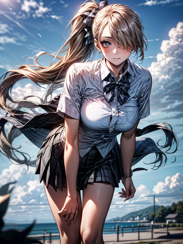 (SFW:1.5) ,Ultra high definition, High detail, Textured skin, retina, High resolution,
(masterpiece:1.2, top-quality), (realistic, photorealistic:1.4), beautiful illustration,
looking at viewer, full body, front view:0.6,
1 girl, japanese, high school girl, (long hair:1.5), blown hair, (side ponytail), hair over one eye, large breasts:0.8,
beautiful hair, beautiful face, beautiful detailed eyes, beautiful clavicle, beautiful body, beautiful chest, beautiful thigh, beautiful legs, beautiful fingers,
(beautiful scenery), school,
((collared short sleeve shirt, white shirt, , grey plaid pleated skirt, blue plaid bow tie)),
(Are standing、slouch, grab the hem of the skirt, hands on chest, hand between leglush,(Leaning forward:1.5)(Portrait Angle)(the wind is strong、Cloudy:1.5)(Hair blowing in the wind)