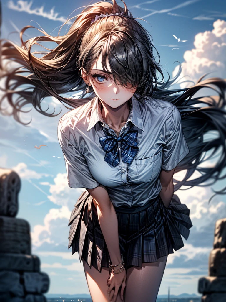 (SFW:1.5) ,Ultra high definition, High detail, Textured skin, retina, High resolution,
(masterpiece:1.2, top-quality), (realistic, photorealistic:1.4), beautiful illustration,
looking at viewer, full body, front view:0.6,
1 girl, japanese, high school girl, (long hair:1.5), blown hair, (side ponytail), hair over one eye, large breasts:0.8,
beautiful hair, beautiful face, beautiful detailed eyes, beautiful clavicle, beautiful body, beautiful chest, beautiful thigh, beautiful legs, beautiful fingers,
(beautiful scenery), school,
((collared short sleeve shirt, white shirt, , grey plaid pleated skirt, blue plaid bow tie)),
(Are standing、slouch, grab the hem of the skirt, hands on chest, hand between leglush,(Leaning forward:1.5)(Portrait Angle)(the wind is strong、Cloudy:1.5)(Hair blowing in the wind)