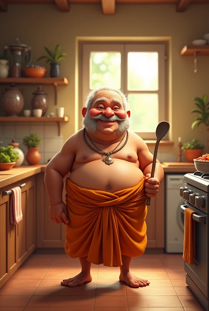 Animated Fat grandpa in kitchen with spatula in Veshti Sattai 
