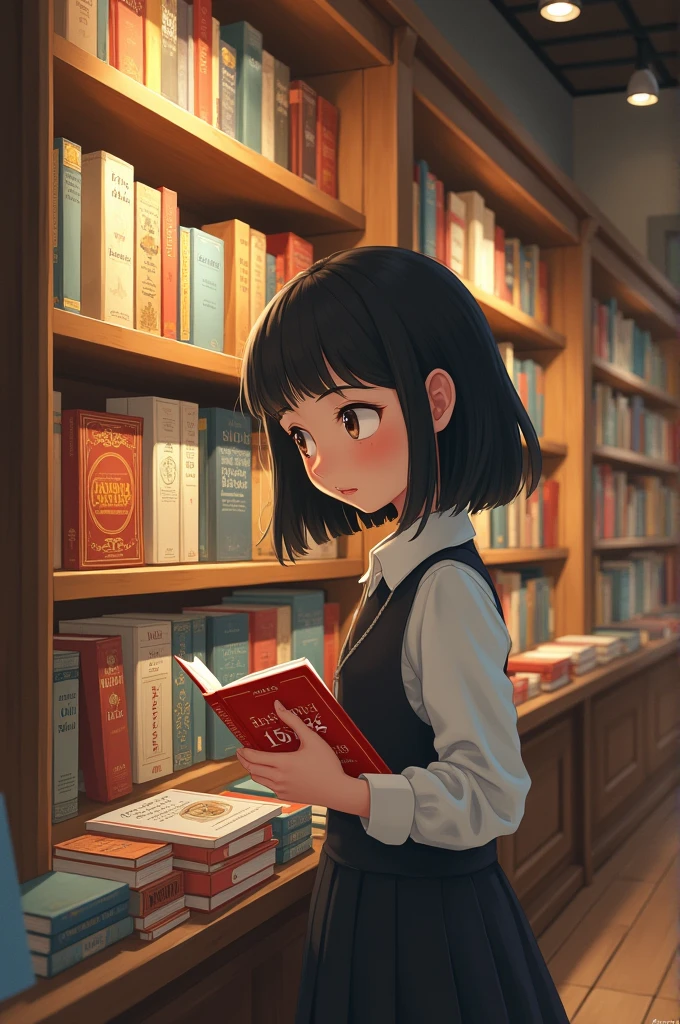 A girl is buying bokks from bookshop where there is written 15 % discount 