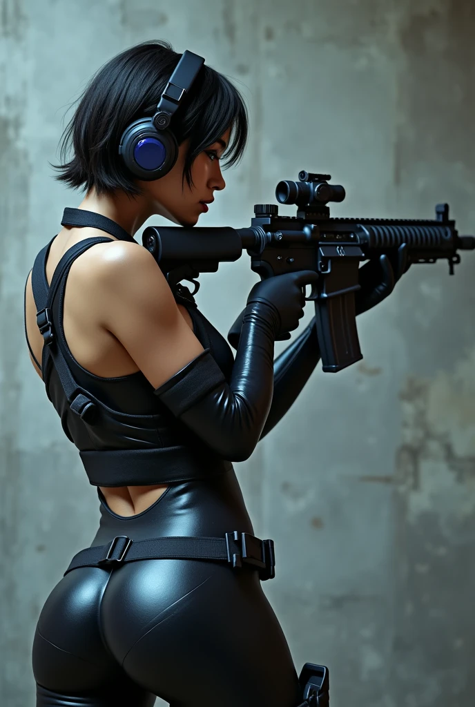 ((best quality)), photorealistic, photorealism, Photorealistic, high resolution, 1girl aiming with an assault rifle, Beautiful, Baby Face, 20 Years Old, White Skin, pale skin, Large Breasts, huge breast, seductive pose, revealed her back, (Detailed face), short hair, sexy body, (wearing latex rubber suit, tactical vests, military harness, black gloves, high-tech headset), cloths color based on black dark blue), revealed thigh, Gun, Fingers are occluded, concrete wall background,
