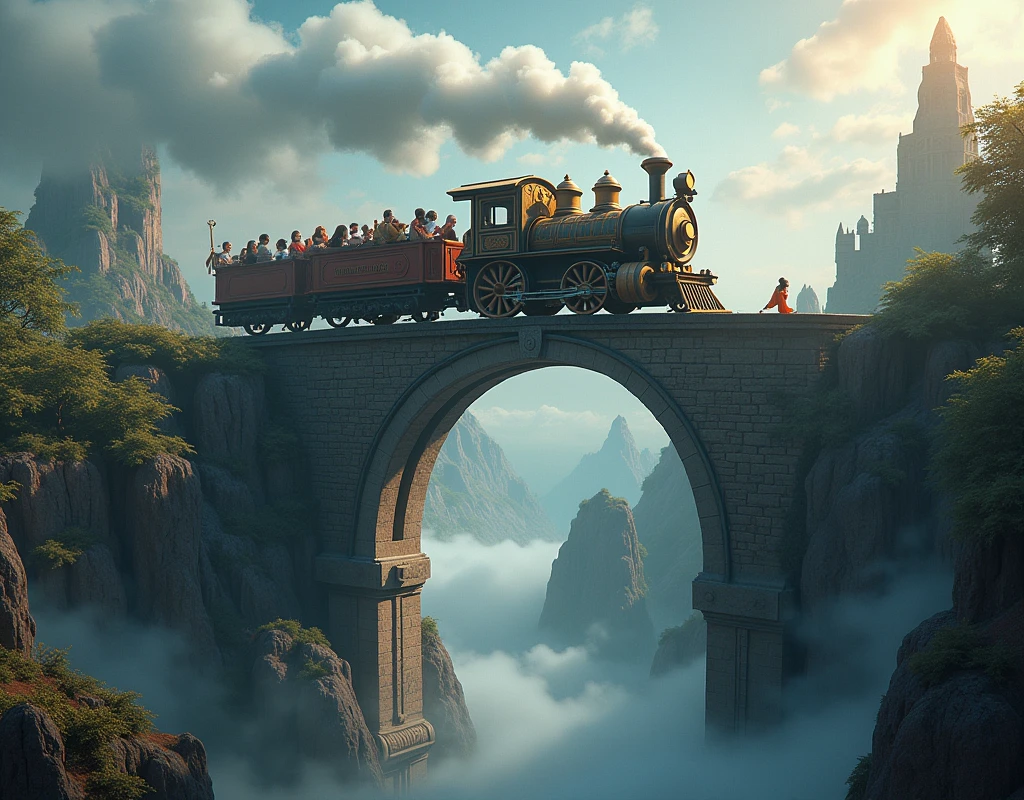 A steam train crosses an arched bridge that connects two worlds: one in black and white and another full of colors. Passengers are fantastic creatures that travel between realities.