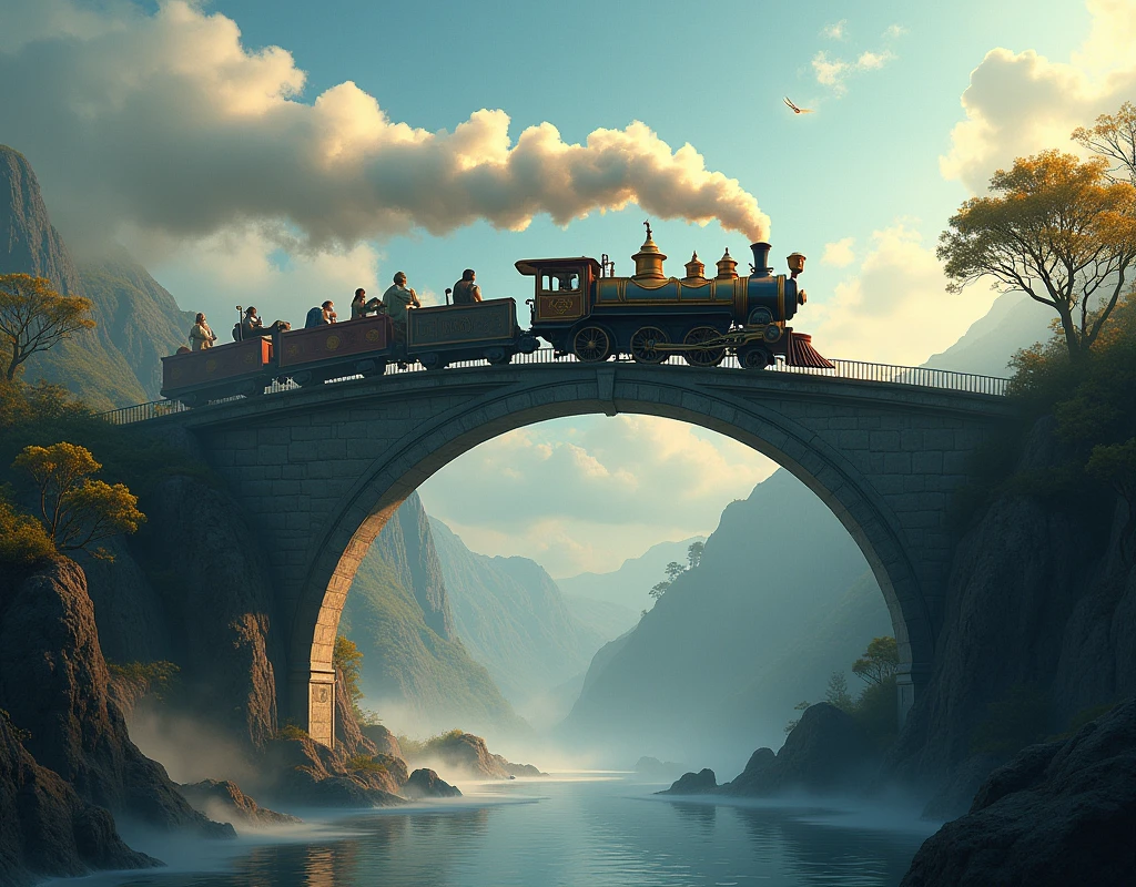 A steam train crosses an arched bridge that connects two worlds: one in black and white and another full of colors. Passengers are fantastic creatures that travel between realities.